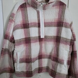 No Boundaries Pink and Cream Plaid Fleece Pullover